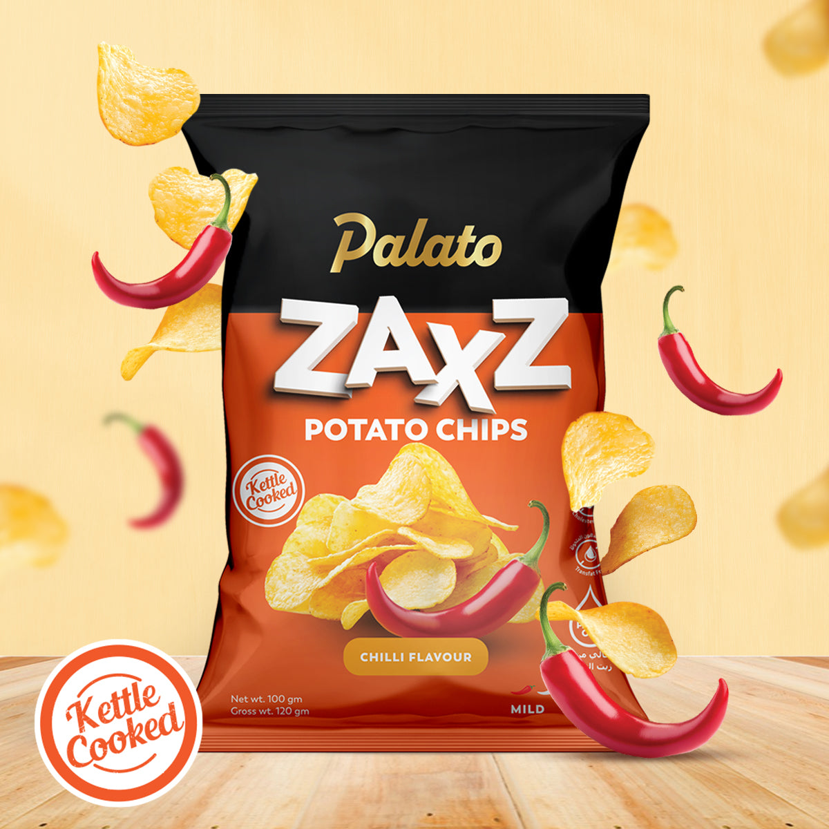 Zaxz No Palm Oil Kettle Cooked Potato Chips-Mild Chilli Flavor 100g