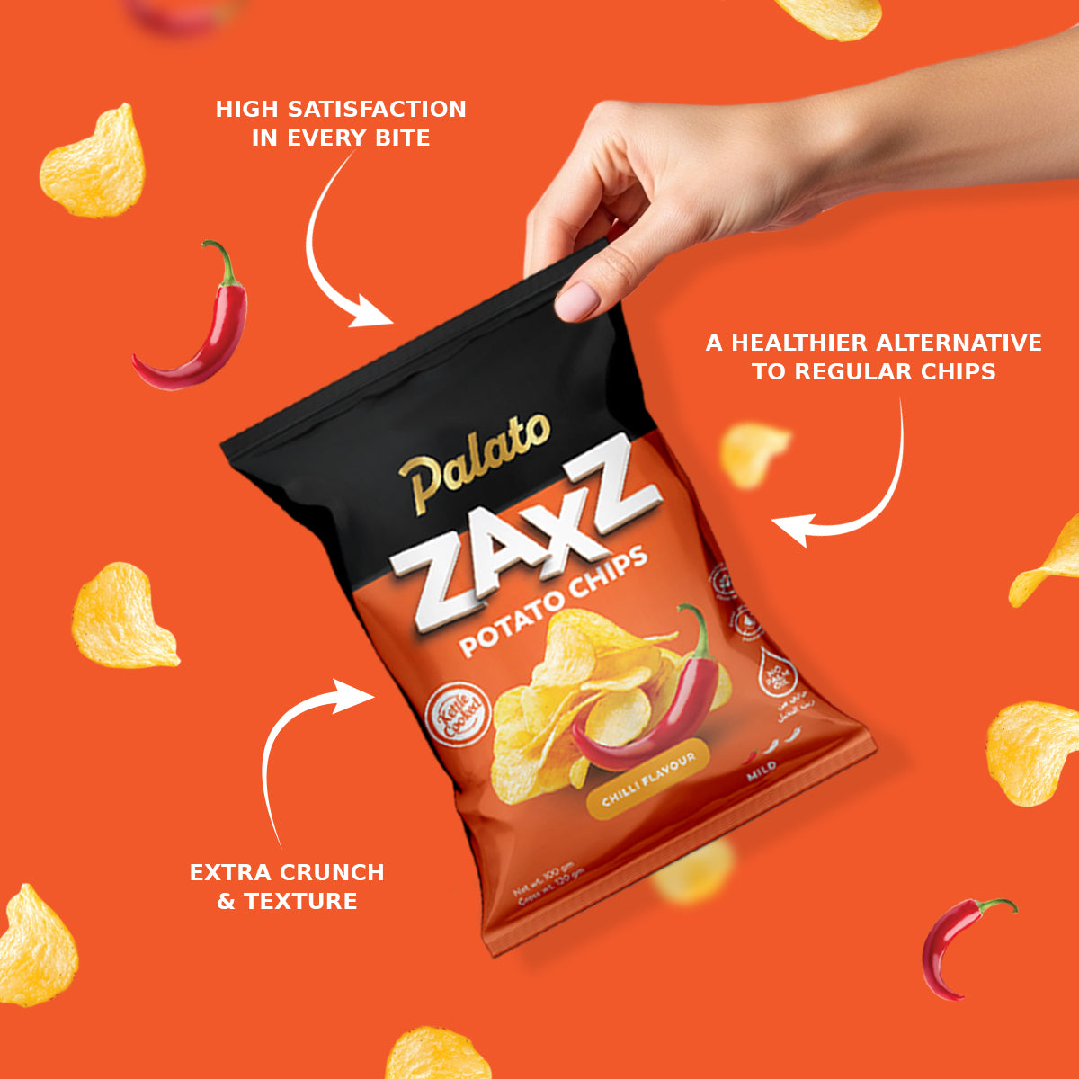 Zaxz No Palm Oil Kettle Cooked Potato Chips-Mild Chilli Flavor 100g